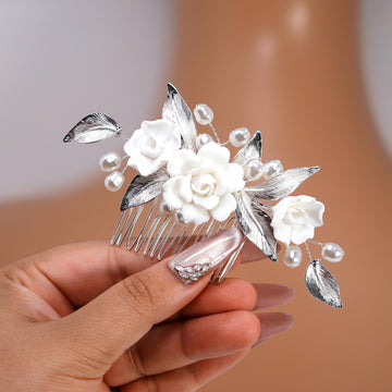Ceramic White Rose flower And Buds Faux Pearl Hair comb, Bridal Hair piece, Bridal Hair Accessories, Wedding Hair Accessory.